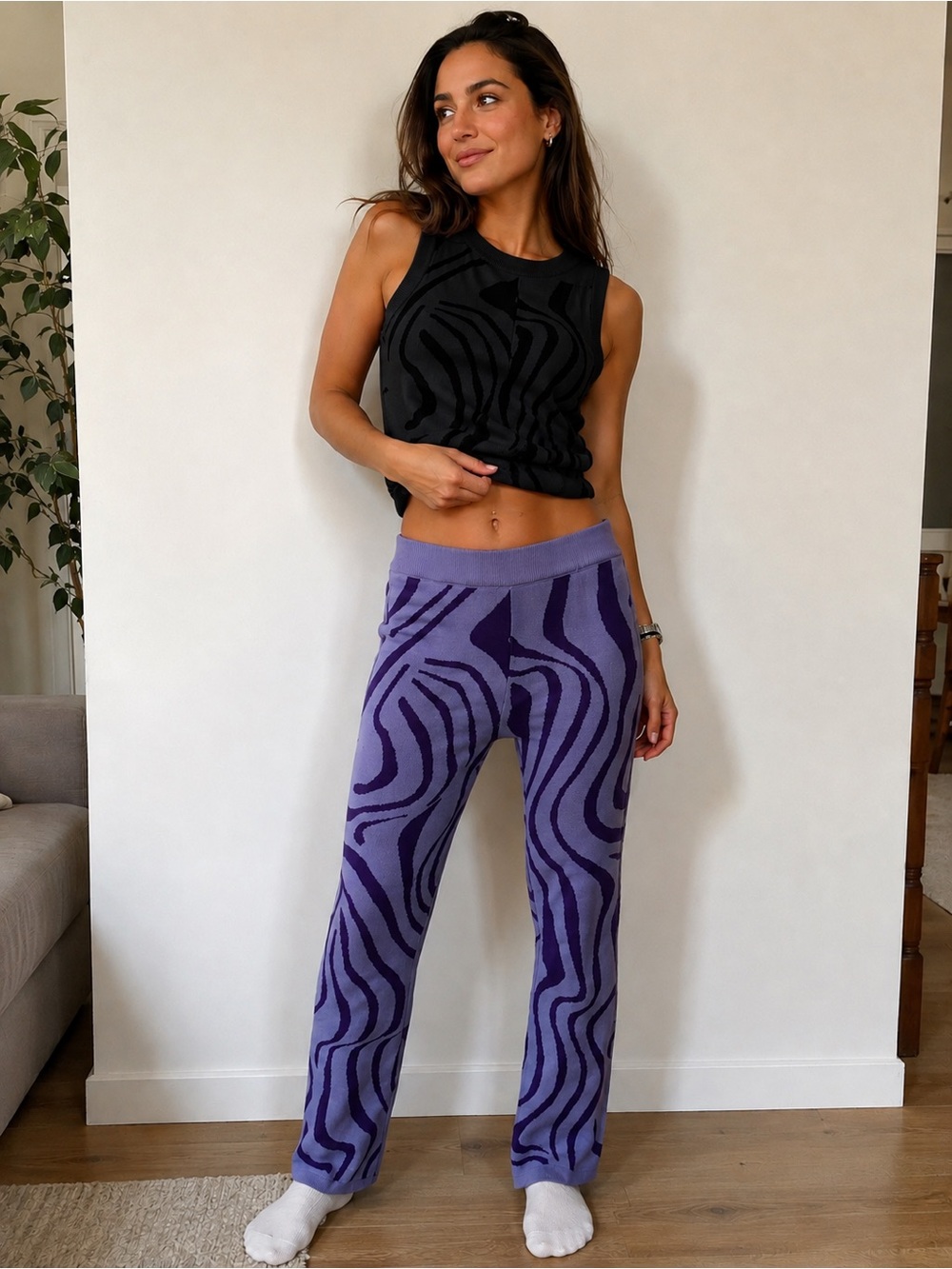 Bailey rose Zebra-Pattern Wide Leg Knit Pants small